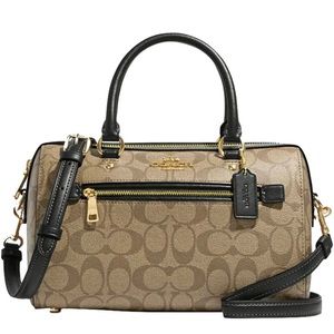 Coach Rowan Satchel Purse tan/brown and black with handles and across body strap